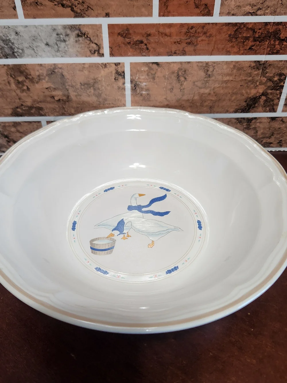 White Ceramic Serving Bowl with Blue Goose Accent